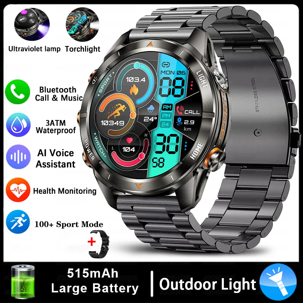 New Outdoor Sport Smart Watch, For Men, 1.46" AMOLED Screen LED, Flashlight, 515mAh Battery, 10ATM Waterproof, Bluetooth Call Smartwatch