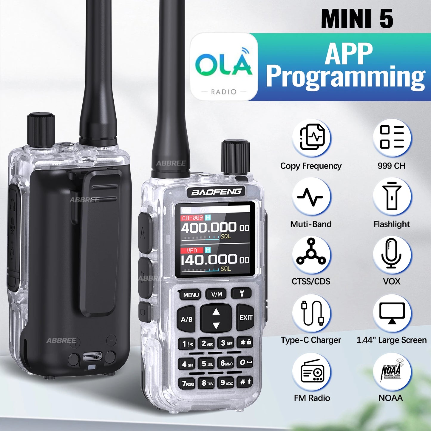 BAOFENG MINI 5 Walkie Talkie Batería 2200mAh Programación Bluetooth por APP Doble PTT Largo Alcance Nuevo Modelo UV-5R MINI Radioaficionado