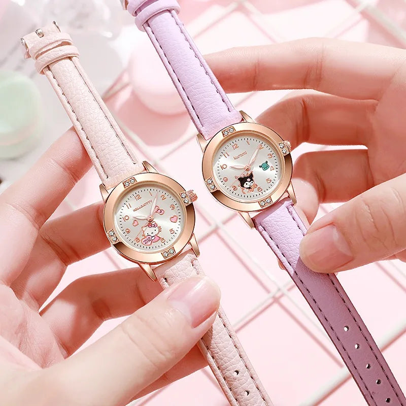 Sanrio Hello Kitty Children's Watch, Cinnamoroll Kuromi My Melody Cute Cartoon Rose Gold Wristwatch with Diamond, Children's Quartz Watch