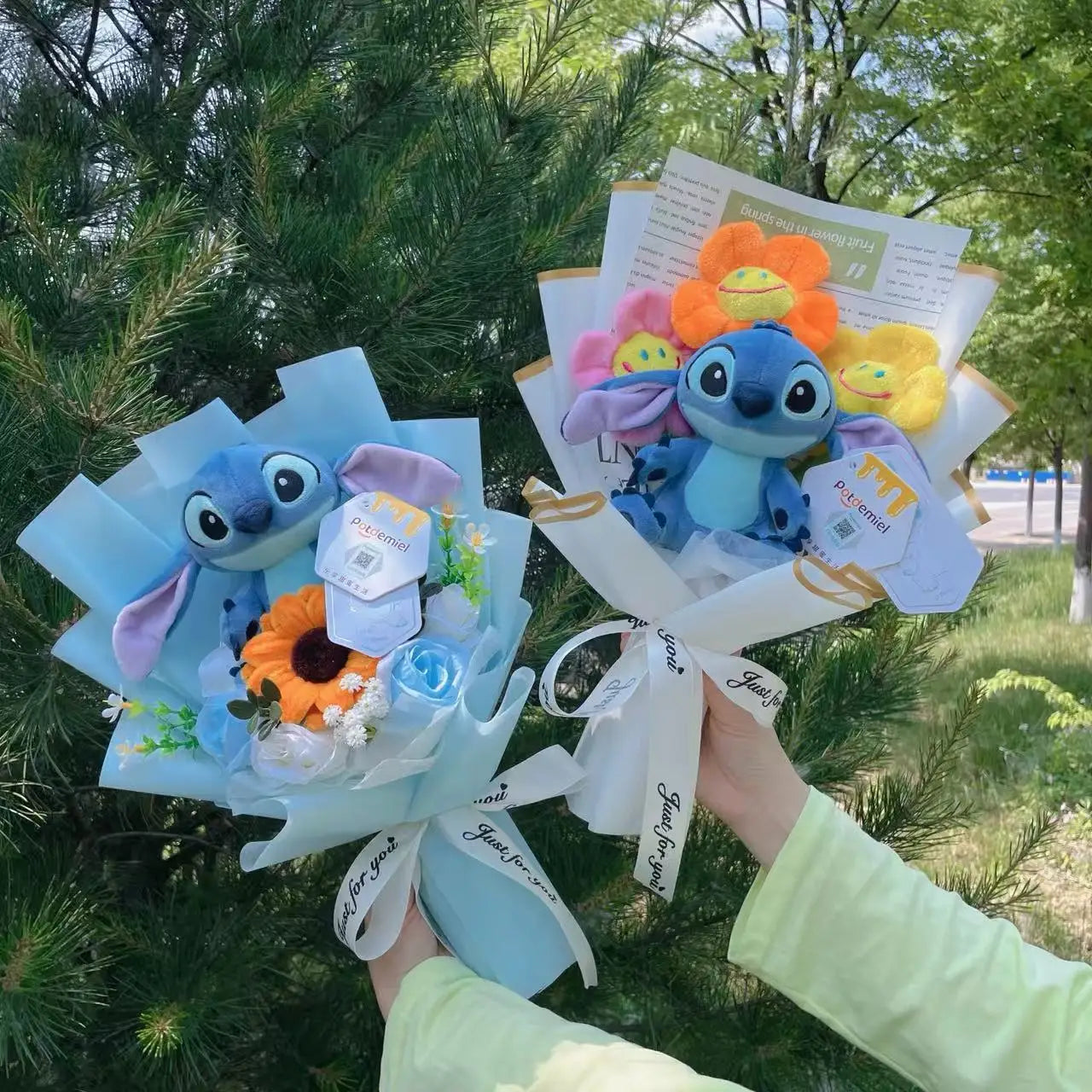 Auténticas muñecas de peluche Amine Stitch con girasoles, rosas, ramos creativos, regalos para Navidad, cumpleaños, graduación y San Valentín