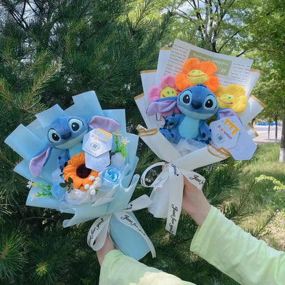 Auténticas muñecas de peluche Amine Stitch con girasoles, rosas, ramos creativos, regalos para Navidad, cumpleaños, graduación y San Valentín