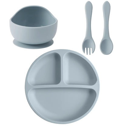 4PCS Baby Silicone Feeding Set Suction Dishes Plate Spoon Fork BPA Free Sucker Bowl Toddler Training Tableware Essentials