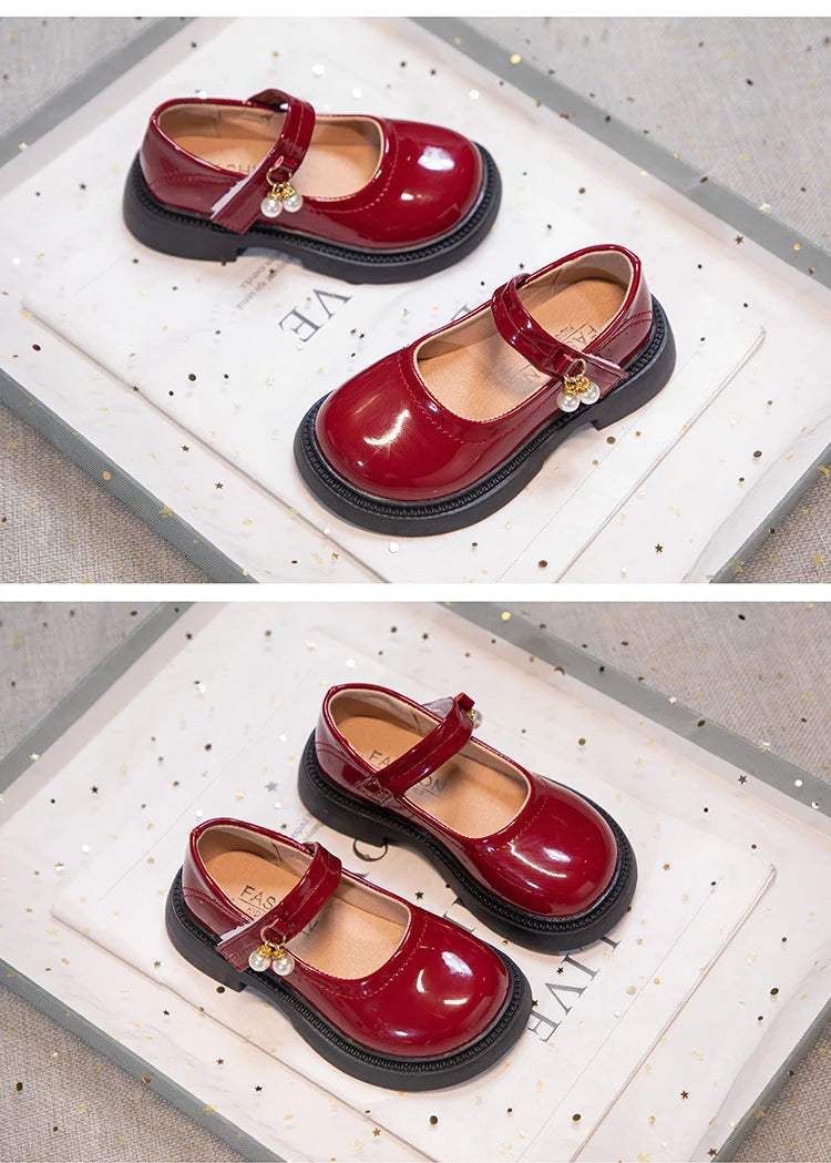 Girls' Chic Leather Princess Mary Janes with Pearl Pendant for Wedding Party, Back to School, Dress Flats (Sizes 26-36)