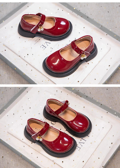 Girls' Chic Leather Princess Mary Janes with Pearl Pendant for Wedding Party, Back to School, Dress Flats (Sizes 26-36)