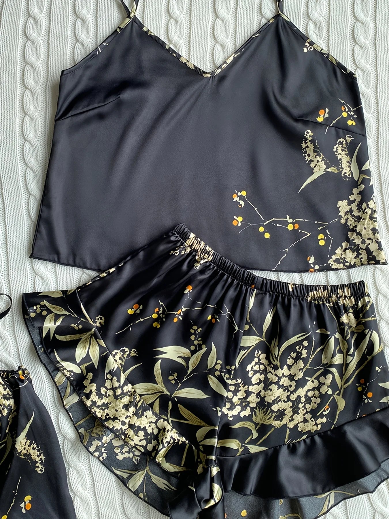 Elegant Floral Print Cami Tops Ruffle Hem Shorts Pajama Set, Women's Sleepwear, Loungewear