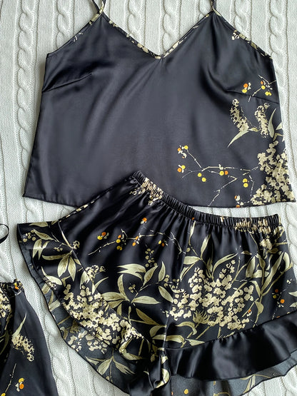 Elegant Floral Print Cami Tops Ruffle Hem Shorts Pajama Set, Women's Sleepwear, Loungewear