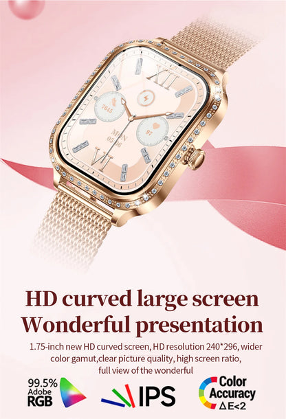 2026 New Fashion Women Diamond Smartwatch Heart Rate Blood Pressure Monitor Music Playback AI Voice Sports BT Calling SmartWatch