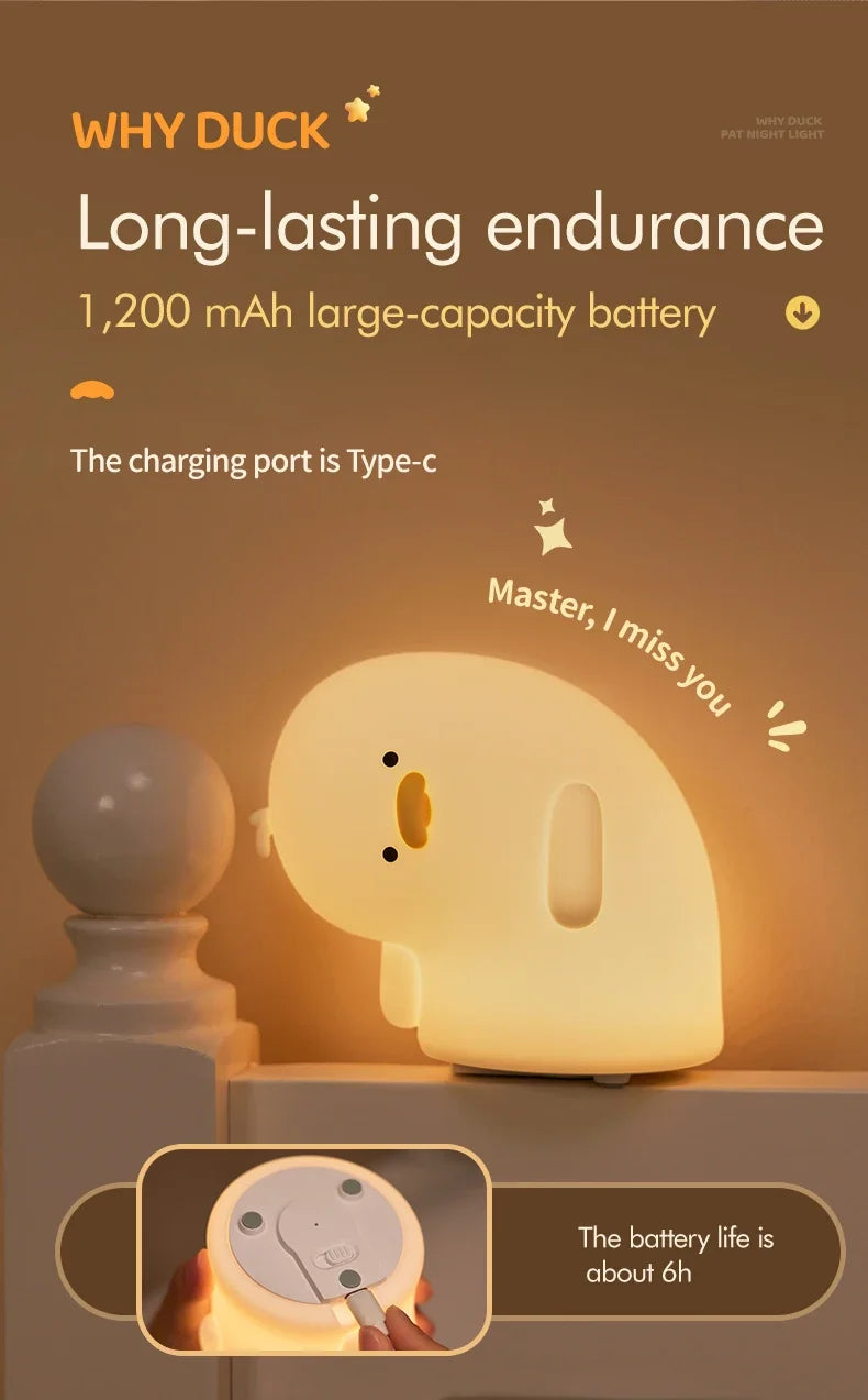 Rechargeable LED Night Light Cute Duck Silicone Patting Lamp Nursery Children Nightlights Home Bedside Room Decor Birthday Gift