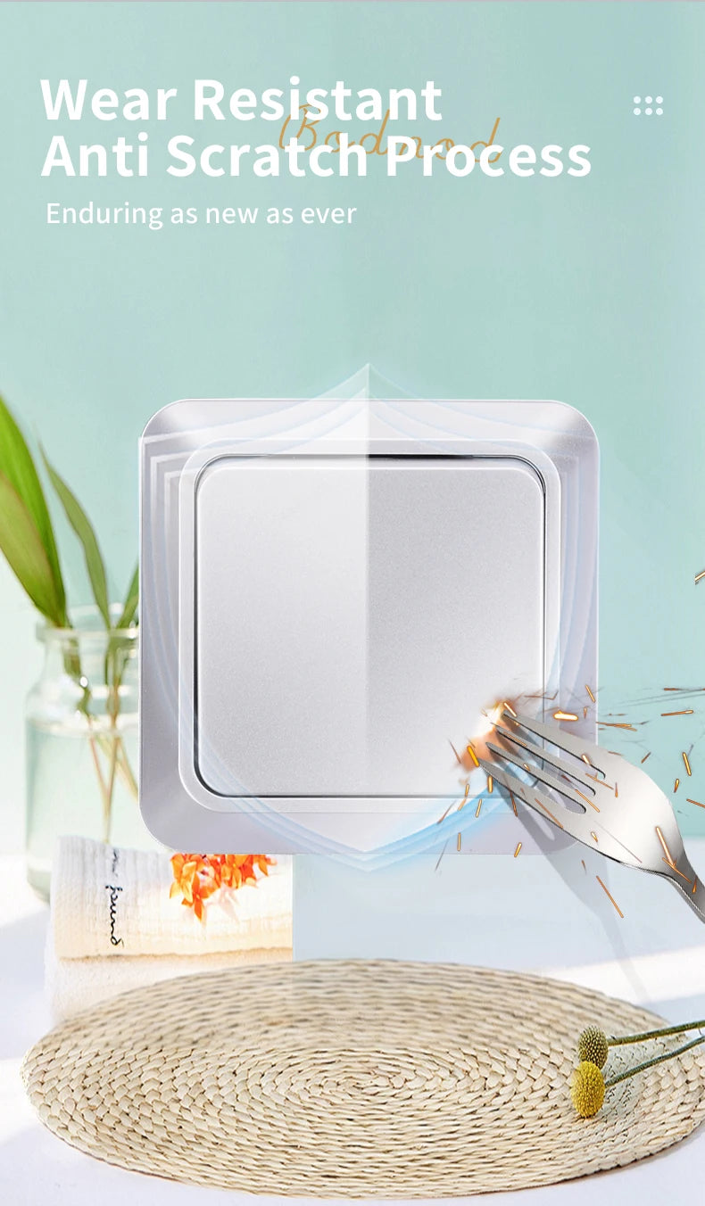 Silvery Wall Surface Button, Light Switch, EU Spray Paint Plastic Outdoor 1 Gang 1 Way, Wall Exterior Rocker On/Off  Switch, WESA