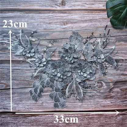 Grey Blue Red 3D Flower Leaf Lace Fabric Sequin Rhinestone Embroidered Gown Appliques Collar Mesh Sew Patch For Wedding Decor