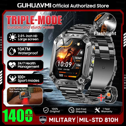 2026 New Military 1400mAh Battery Smart Watch LED Flashlight 10ATM Waterproof Heart Rate Voice Call Men 120+Sports Smart watchs