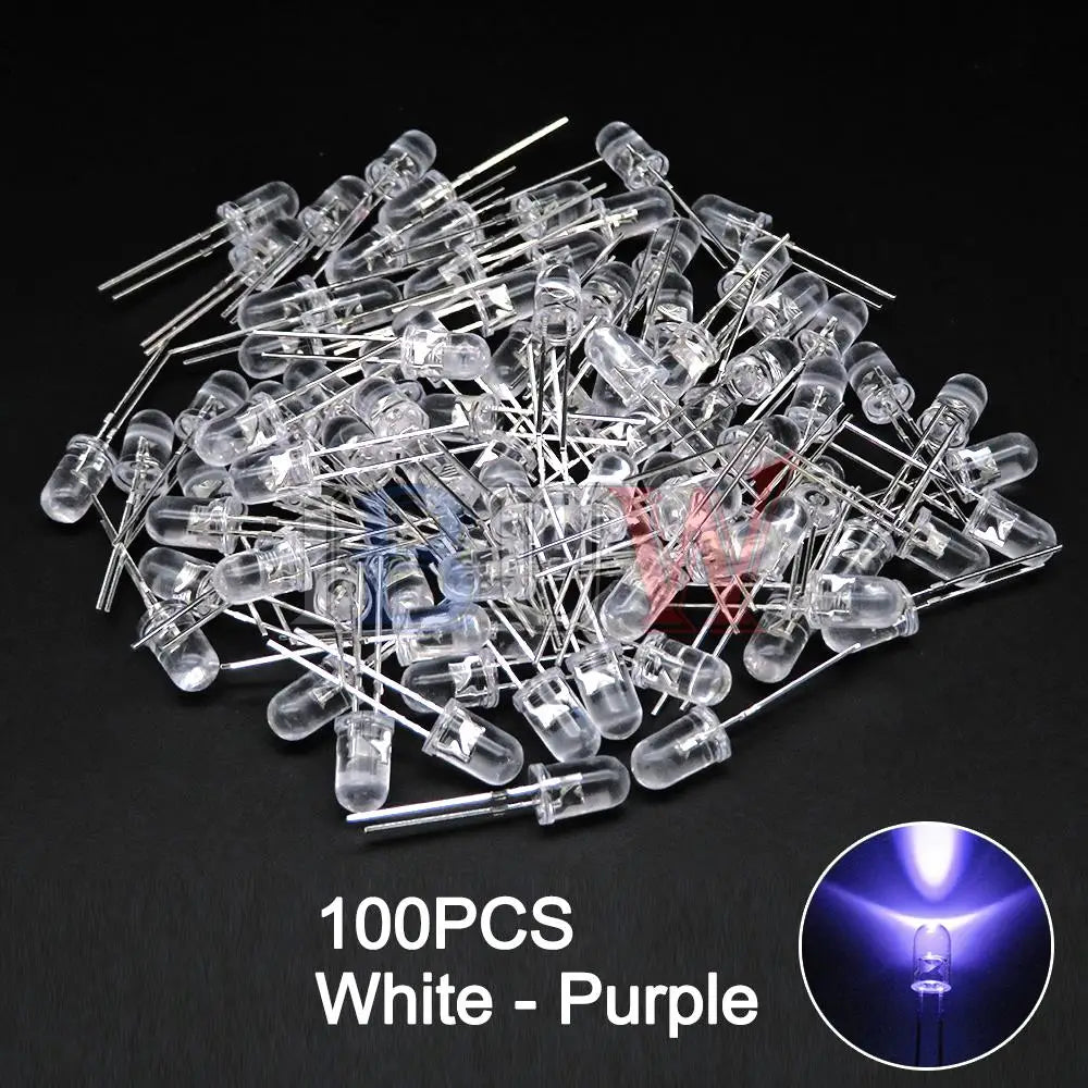 100PCS/LOT, 5mm LED Diode, F5 Assorted Kit, White Green Red Blue Yellow Orange Pink Purple Warm White DIY Light Emitting Diodes, IBUW