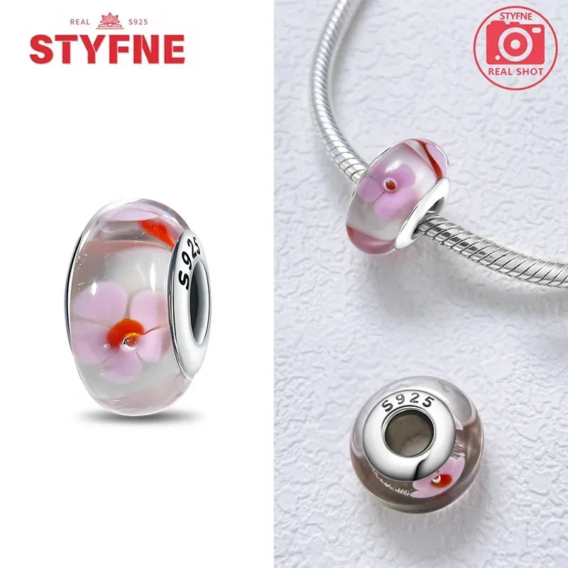 925 Sterling Silver Pink Color Series Beads Heart Flower Murano Glass DIY Jewelry Charms Fit Original Bracelet for Women Fine Gifts