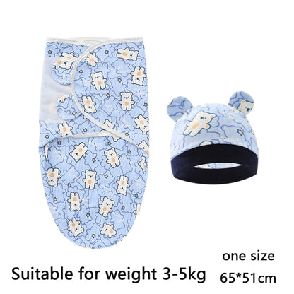Baby Blanket Hat Set, Cartoon Printed Cotton Newborn Swaddle, Adjustable Infant Sleeping Swaddle Wraps, All Seasons, 0-6 Months