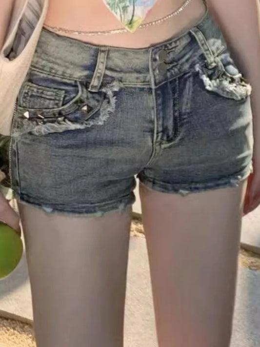 Women's Korean Retro Y2k Shorts Pants Lady Vintage High Street Hot Pants Female Blue Low Waist Elastic Wrapped Hip Short Jeans