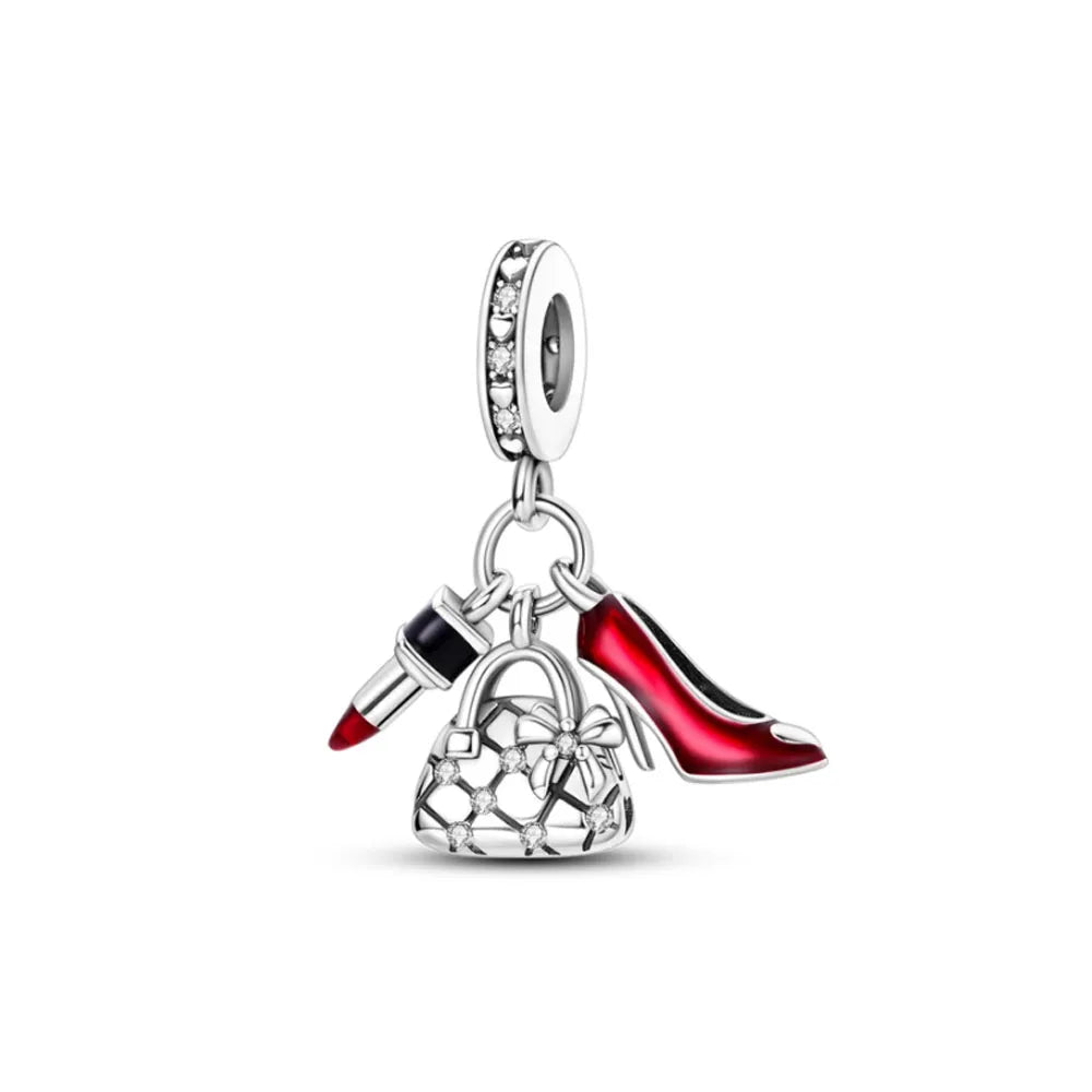 Pink Bead Bag Perfume Lipstick high heels Pendant fit Original Bracelet Accessories DIY Jewelry Women 925Silver Gift Trunk Charm