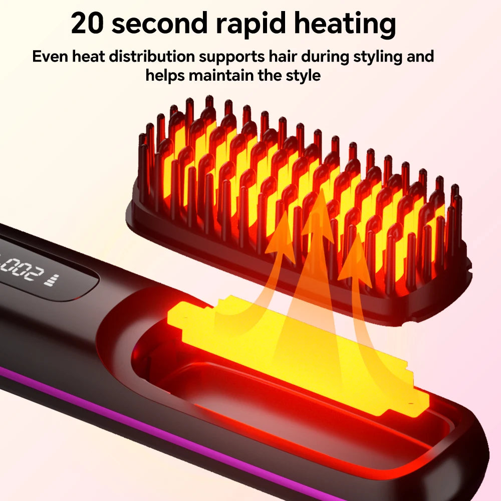 Rechargeable Hair Straightener Brush, Ionic Straightening Comb - 20s Fast Heating, 3 Temp Settings & LED Display for Home Salon