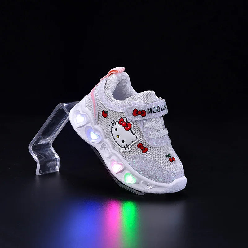 Hello Kitty Kids'Casual Shoes  Led Light Cartoon PU Leather Fashion Sport Flat Bottom Shoes Breathable White Pink Size 21-30