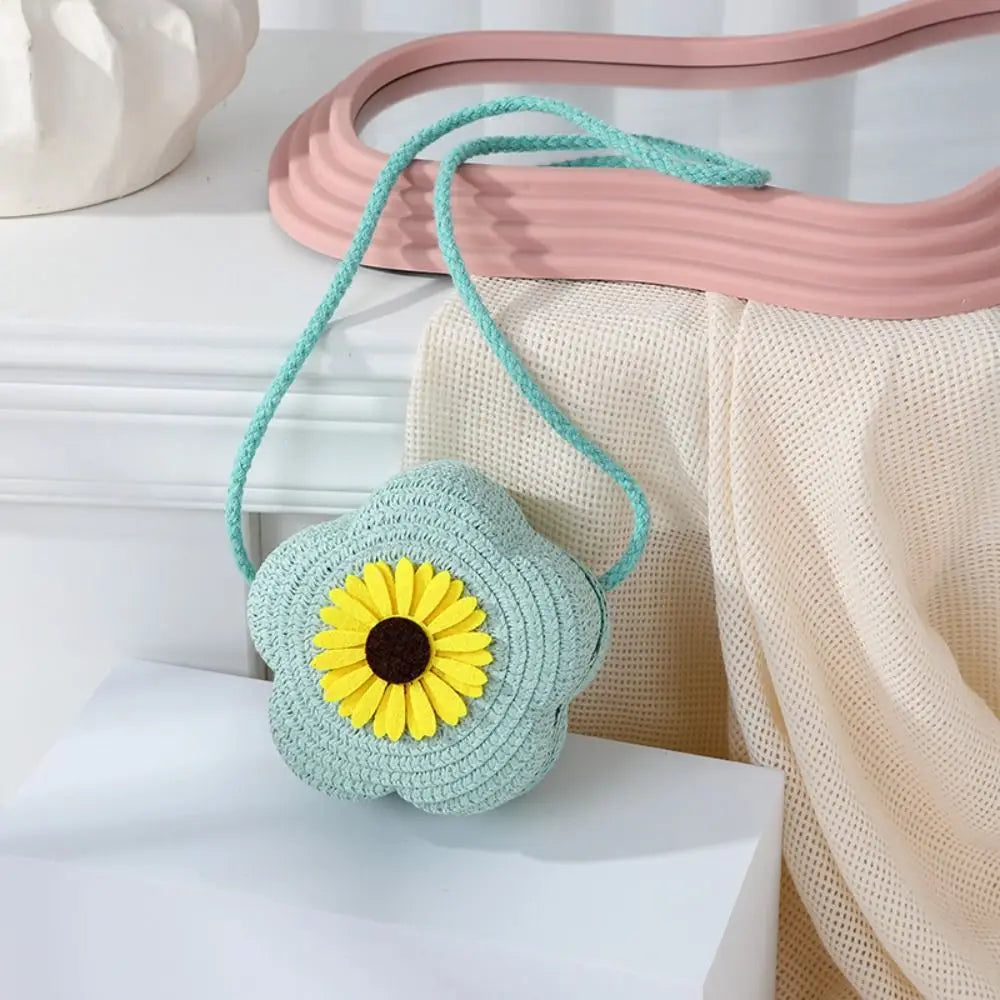 Bolso bandolera de paja duradero, monedero tejido con flores, bolso de mano para niñas, bolso de hombro tipo mensajero para niños, mini bolso de princesa lindo de verano