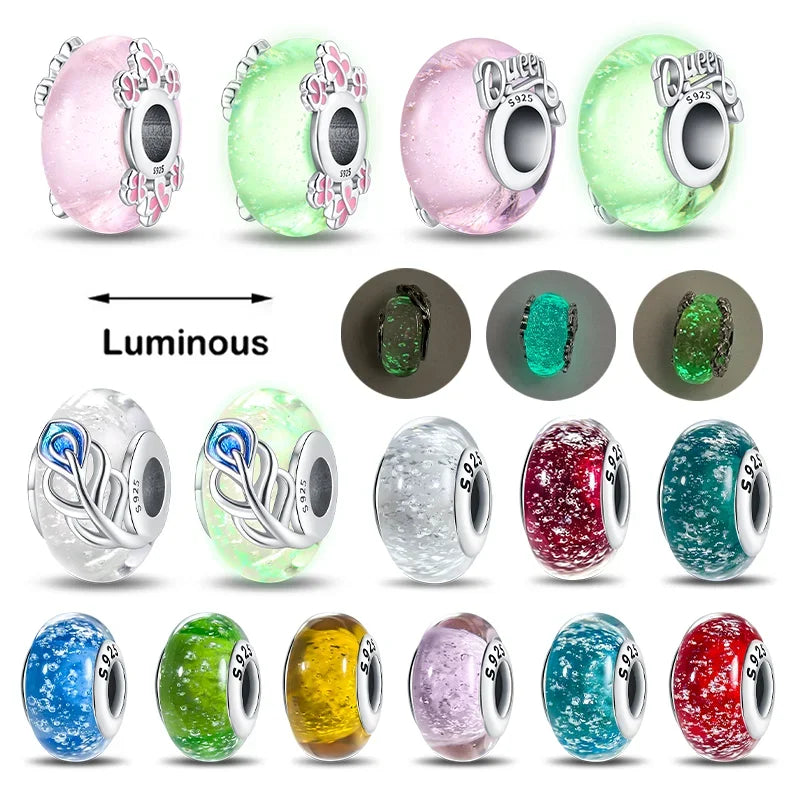 Charm Sterling Silver 925 Colorful Luminous Beads Murano Glass Series Fit Original Bracelet for Women Jewelry DIY Fine Gift