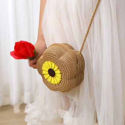Bolso bandolera de paja duradero, monedero tejido con flores, bolso de mano para niñas, bolso de hombro tipo mensajero para niños, mini bolso de princesa lindo de verano