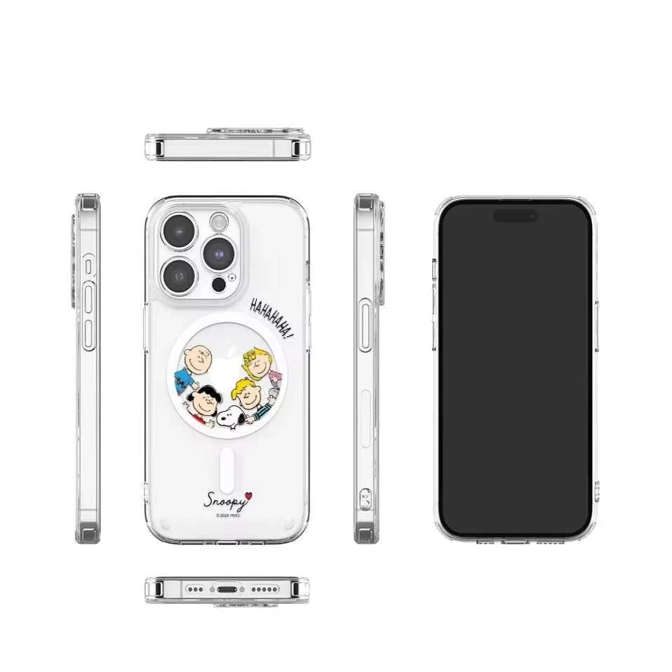 S-Snoopy Wireless Charging Case for iPhone 17 Air 16 E 15 14 13 12 Mini 11 Pro Max Transparent Acrylic Silicone Edge Hard Cover