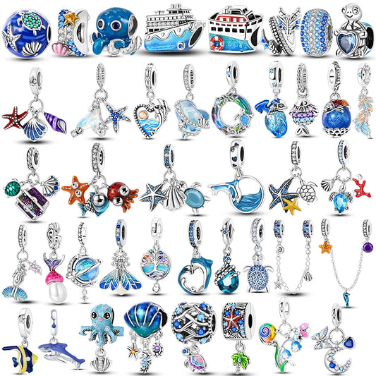 PAMELA 925 Sterling Silver Sea Turtle Starfish Blue Charm Dolphin Octopus Shell Bead For Original Charm Bracelets Ocean Jewelry