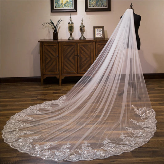 Wedding Veil Lace Edge Long Luxurious Bridal Veil, Applique Sequins White/Ivory Veil With Comb, Cathedral One-Layer 3M/4M/5M