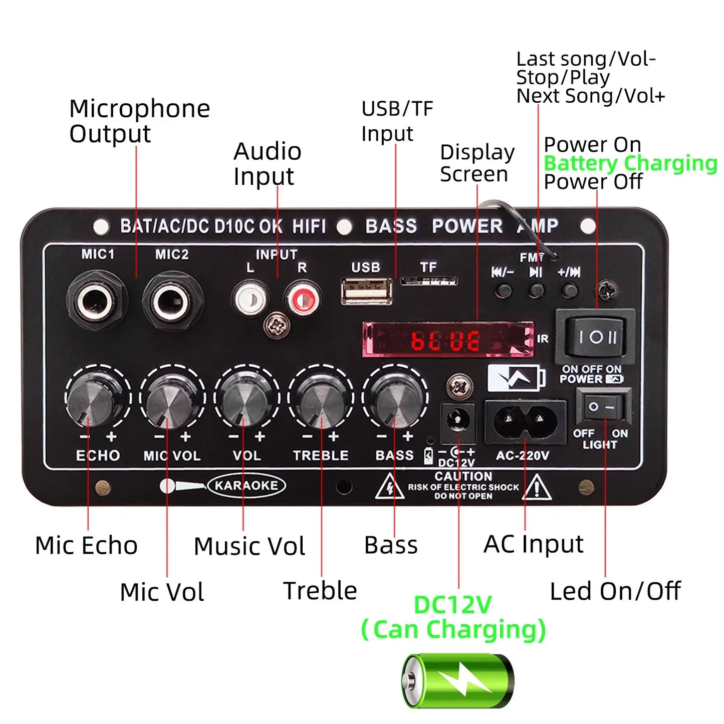 Woopker Power Amplification Board D10C BT 5.0 Dual Microphone Subwoofer Battery Rechargeable Digital Amplifier Board Karaoke