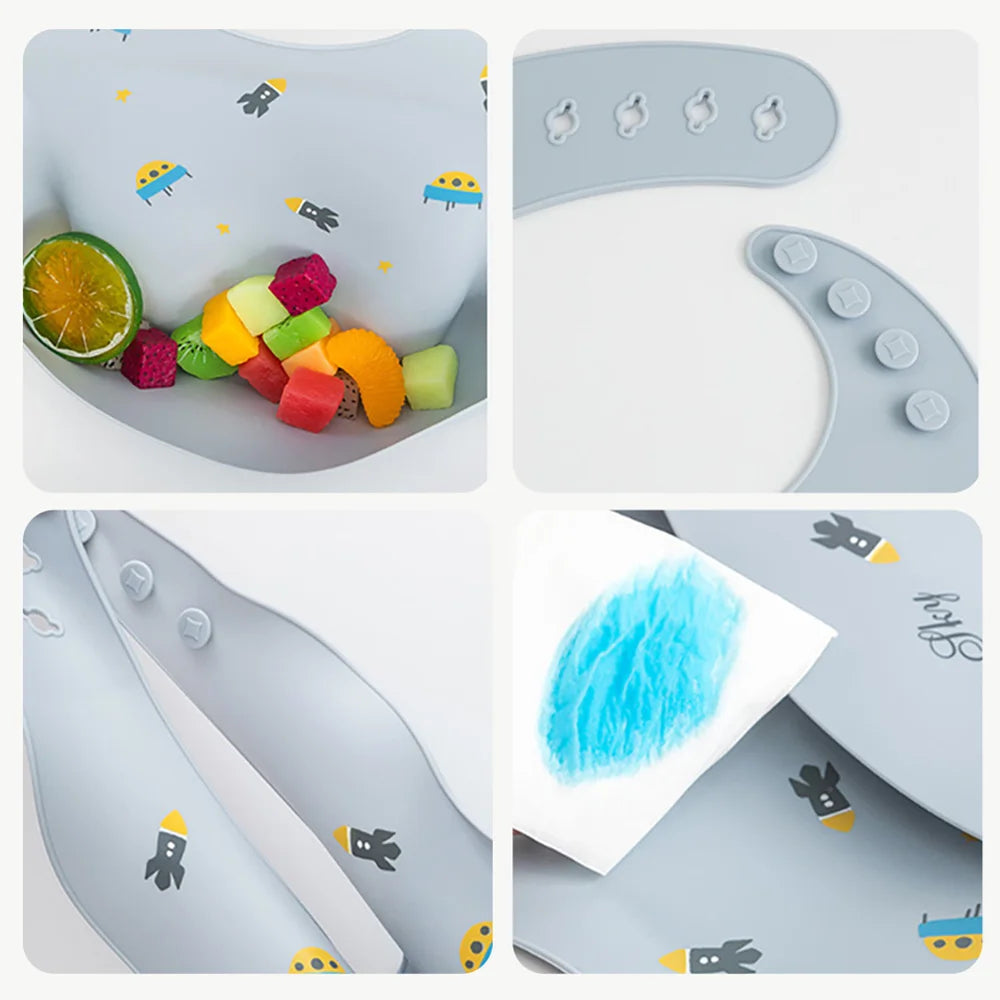 Baberos impermeables para niños, alimentación de bebés, cosas para comer, silicona suave, estampado de dibujos animados de animales, baberos ajustables para probar y alimentar al bebé