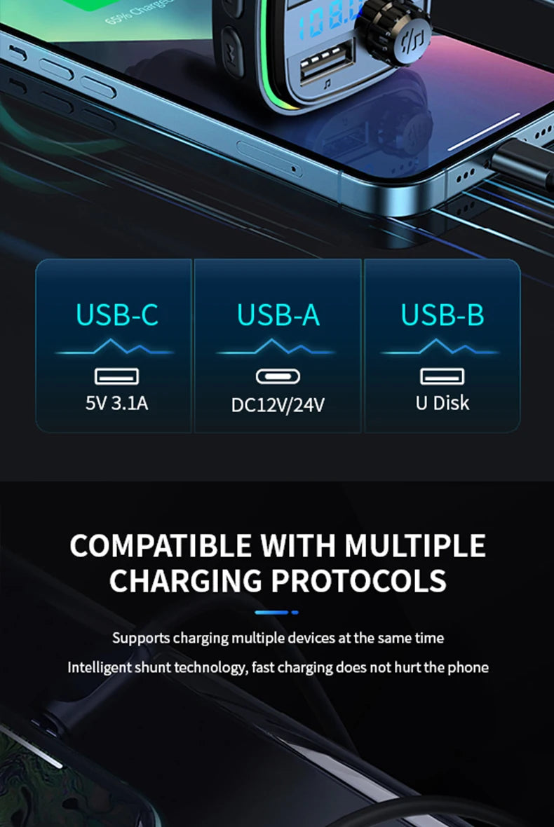 Car MP3 Player FM Transmitter Car Charger Type C Bluetooth 5.0 Handsfree Bluetooth Calling Super Quick Charge Adapter for Car