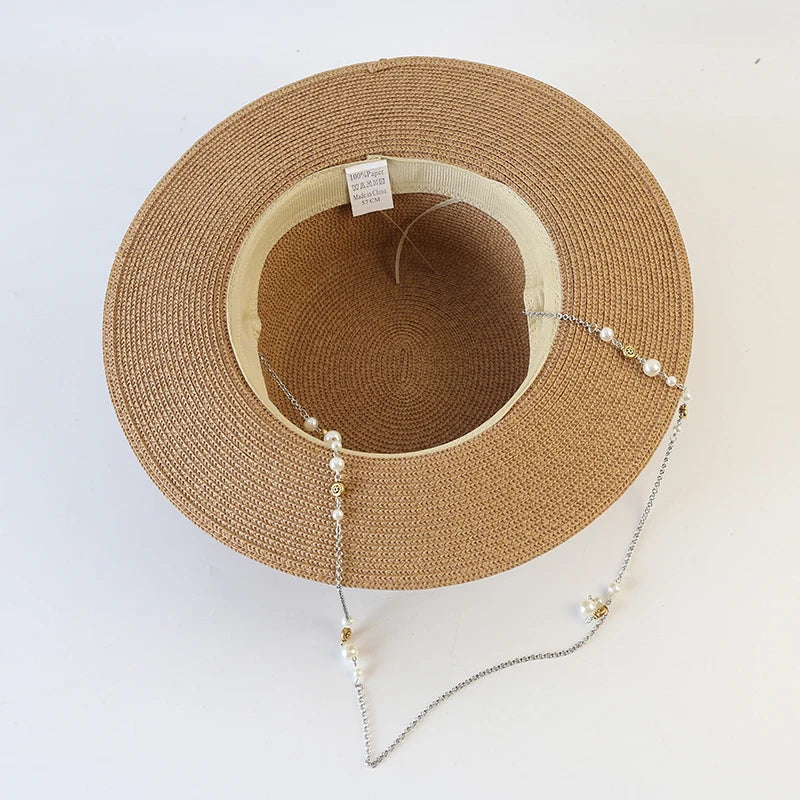 New Women Summer Hats, Straw Sun Hat, Panama Elegant Straw Fedoras Lady Girl Outdoor Vacation with Pearl Chain Sunshade Beach Hat