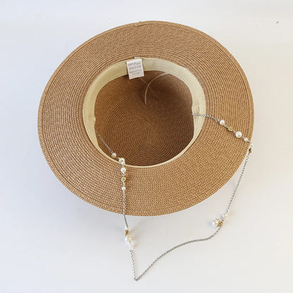 New Women Summer Hats, Straw Sun Hat, Panama Elegant Straw Fedoras Lady Girl Outdoor Vacation with Pearl Chain Sunshade Beach Hat