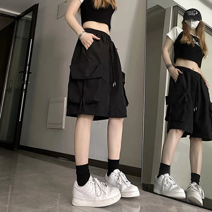 Women High Waist Cargo Shorts, American Style Streetwear, Summer Wide Leg Pants, Fashion Female Big Pocket Loose Shorts New, ZOKI