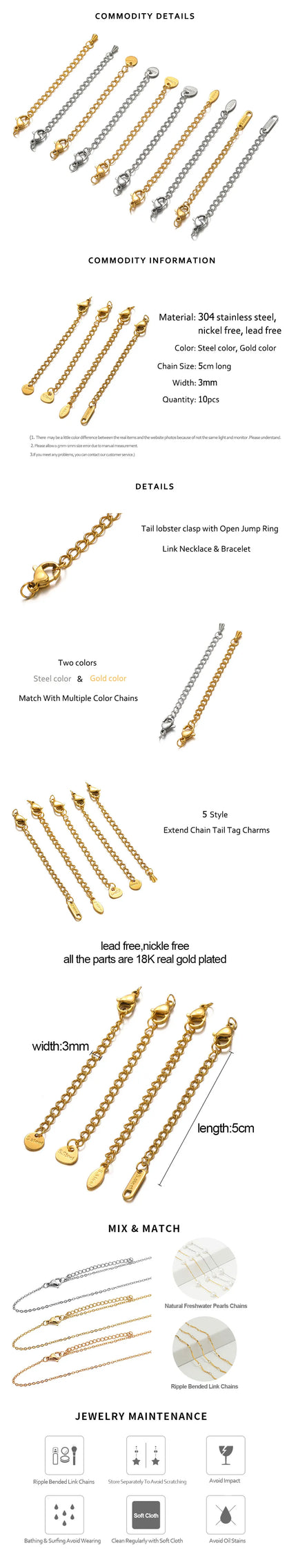 10pcs Stainless Steel Extension Chains with Lobster Clasps Connector Link Necklace Tail Making DIY Bracelet Accessories Supplies