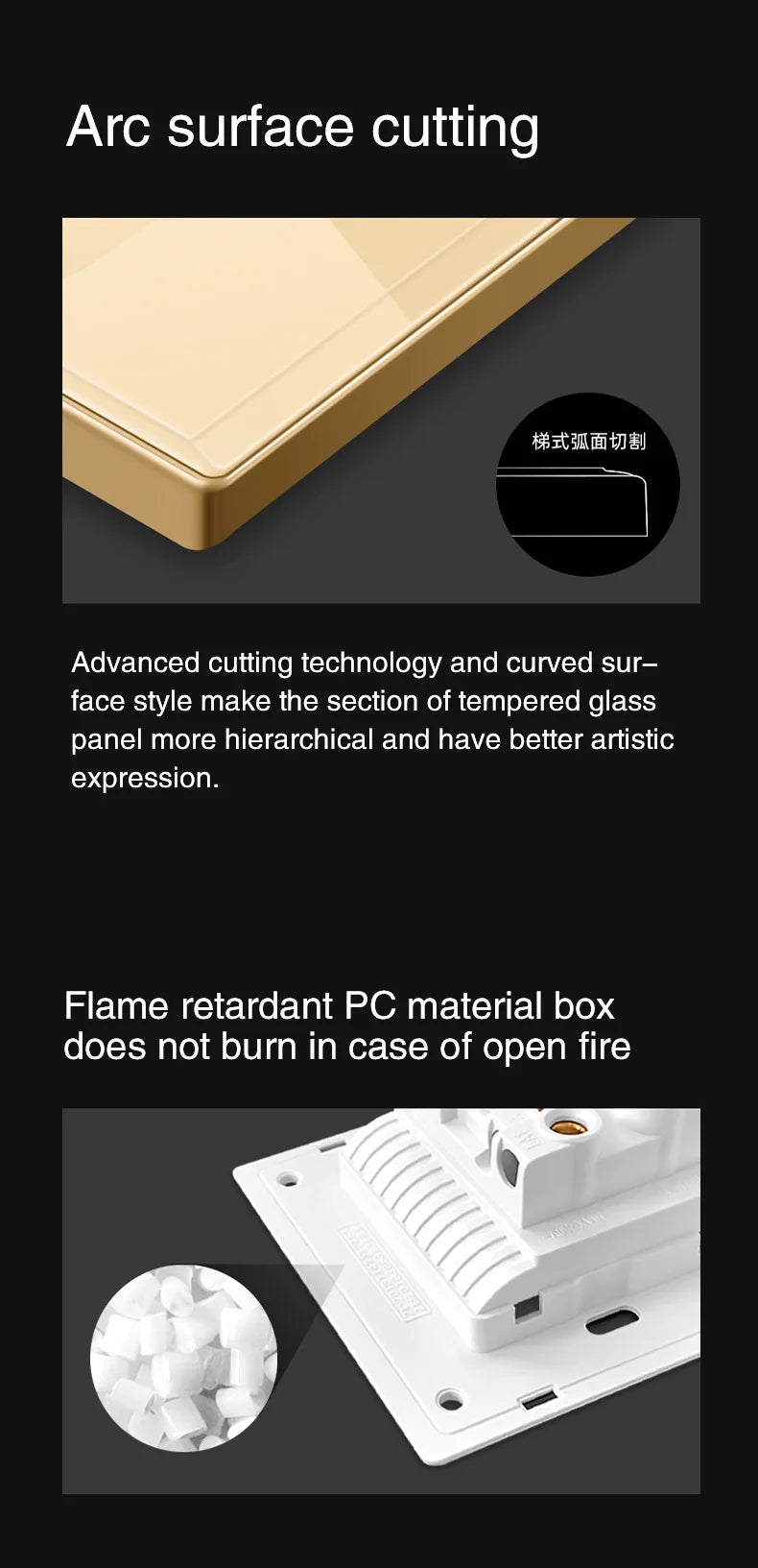 Gold Tempered Glass Wall Switch Panel LED European 16A Socket Retro Toggle Light Switch EU UK Standard 2USB Socket 1Gang-4Gang