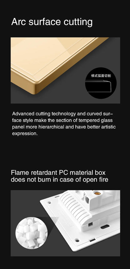 Gold Tempered Glass Wall Switch Panel LED European 16A Socket Retro Toggle Light Switch EU UK Standard 2USB Socket 1Gang-4Gang