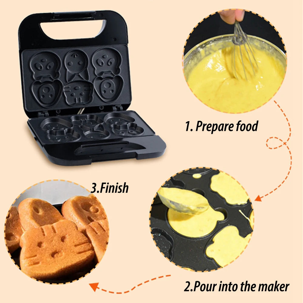 Animal Mini Waffle Maker, 6 Animal Shaped Pancakes Breakfast Machine, Non-Stick Waffler Iron, Household for Kids Adults, Fun Gift