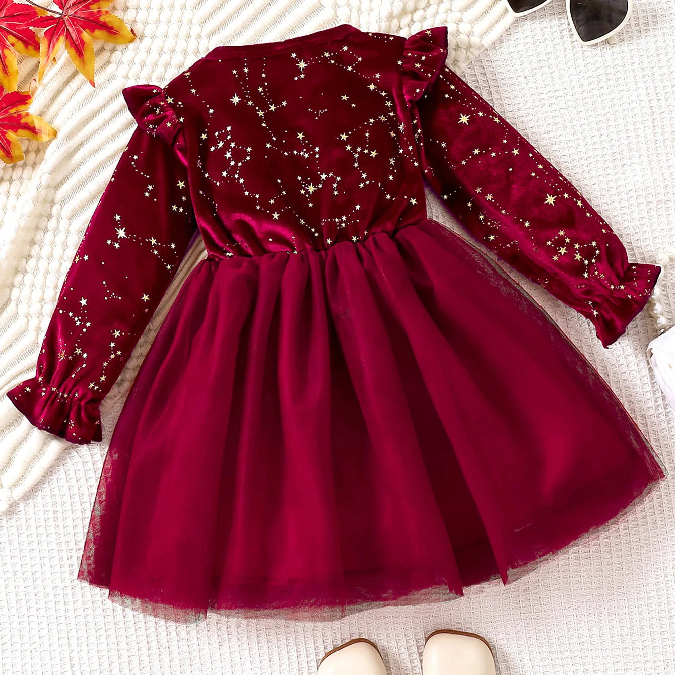 Girl's Autumn Winter Velvet Long-Sleeved Mesh Bow Princess Dress - New Year Children's Party Festive Dress