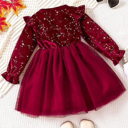 Girl's Autumn Winter Velvet Long-Sleeved Mesh Bow Princess Dress - New Year Children's Party Festive Dress