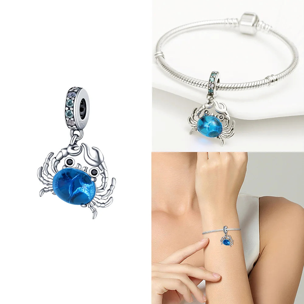 Charms 925 Silver Blue Original Stars Heart Zircon Chameleon Panda Glass Beads Fit Bracelet Jewelry Women Diy Accessories