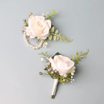 Elegant Groom Boutonniere Flowers for Men's Suit Artificial Roses Wrist Corsage Wedding Accessories
