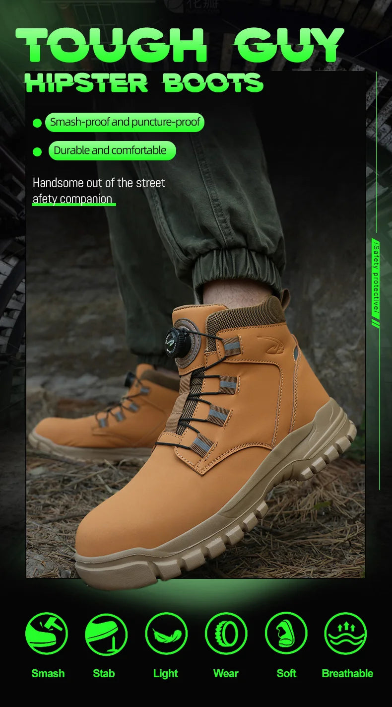 Rotating Button Work Shoes for Men Anti Puncture Work Sneakers Waterproof Work Safety Shoes Non Slip Steel Toe Tactical Boots