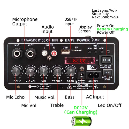 WOOPKER 30W-120W Digital Bluetooth Amplifier Board D10C Subwoofer Dual Microphone Amp Speaker for Car Karaoke Home Theater DIY