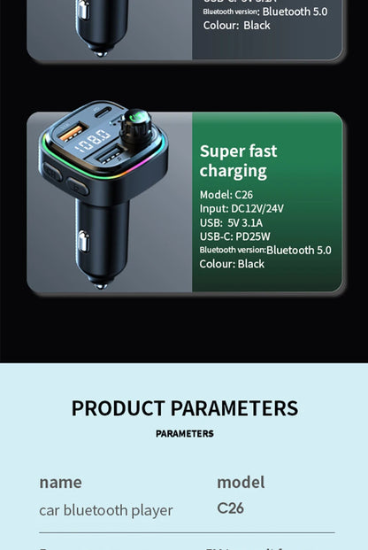 Car MP3 Player FM Transmitter Car Charger Type C Bluetooth 5.0 Handsfree Bluetooth Calling Super Quick Charge Adapter for Car