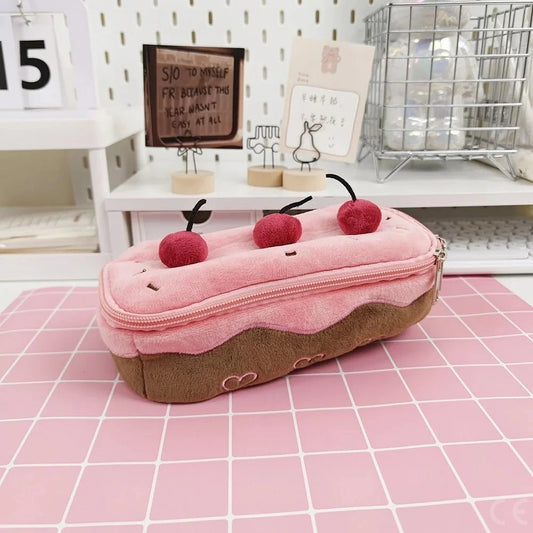 Cute Pencil Bag Plush Cherry Cake Pencil Case Large Capacity Student Stationery Storage for Girls Kids Back to School Gift