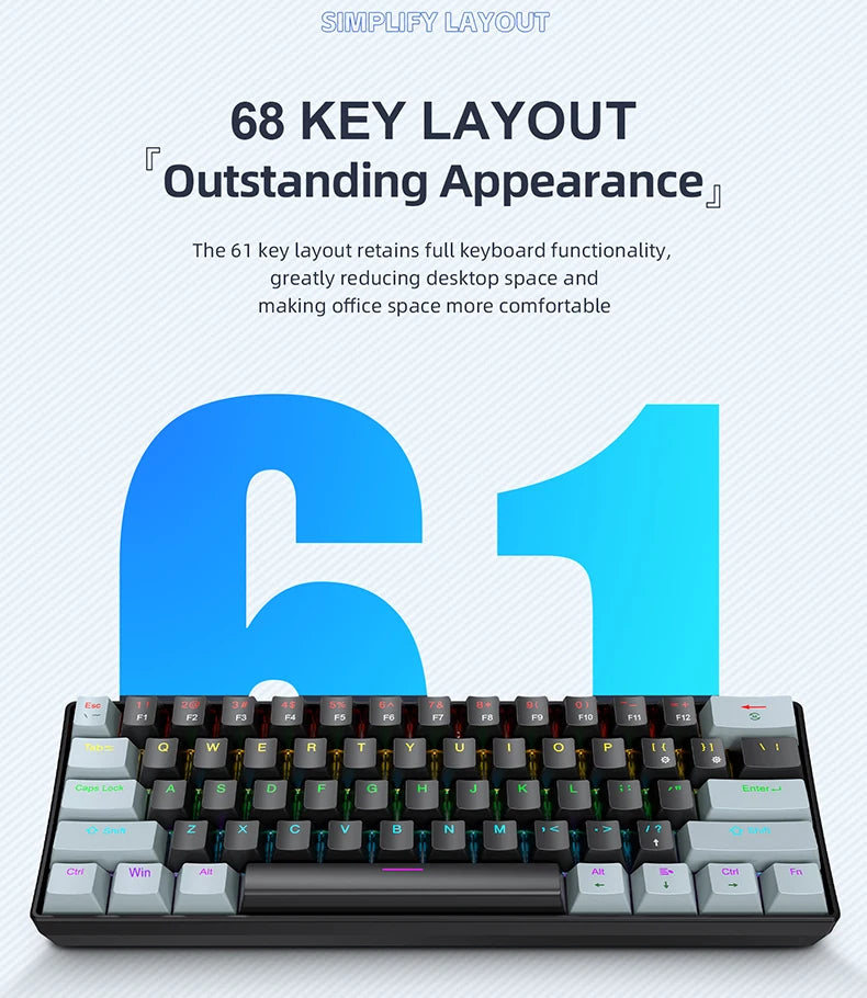 APAYADO K61 Mini Mechanical Keyboard, Wired, 61 Keys, Phantom RGB, Black/White Red/Blue Mechanical Switch for Gaming, 60% Portable