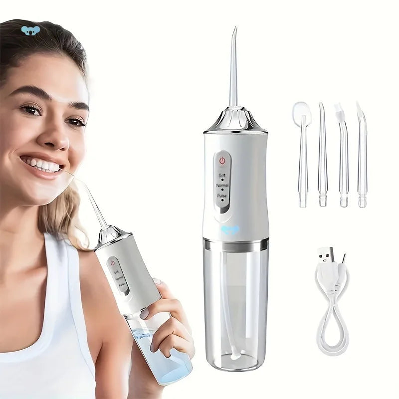 Oral Irrigator, Portable Dental Water Flosser, USB Rechargeable Water Jet Floss, Tooth Pick 4 Jet Tip 220ml 3 Modes