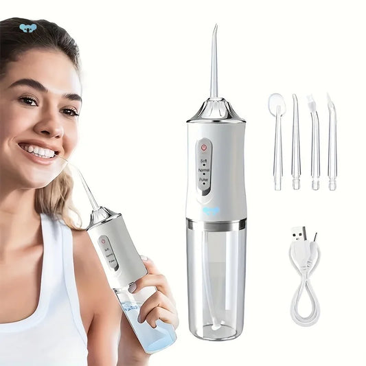 Oral Irrigator, Portable Dental Water Flosser, USB Rechargeable Water Jet Floss, Tooth Pick 4 Jet Tip 220ml 3 Modes