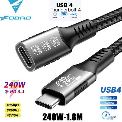 8K USB C 4 Extension Cable, Fast Charging Cable Extender, Male to Female Type C UHD Video 40Gbps 240W PD3.1 with Thunderbolt 4/3
